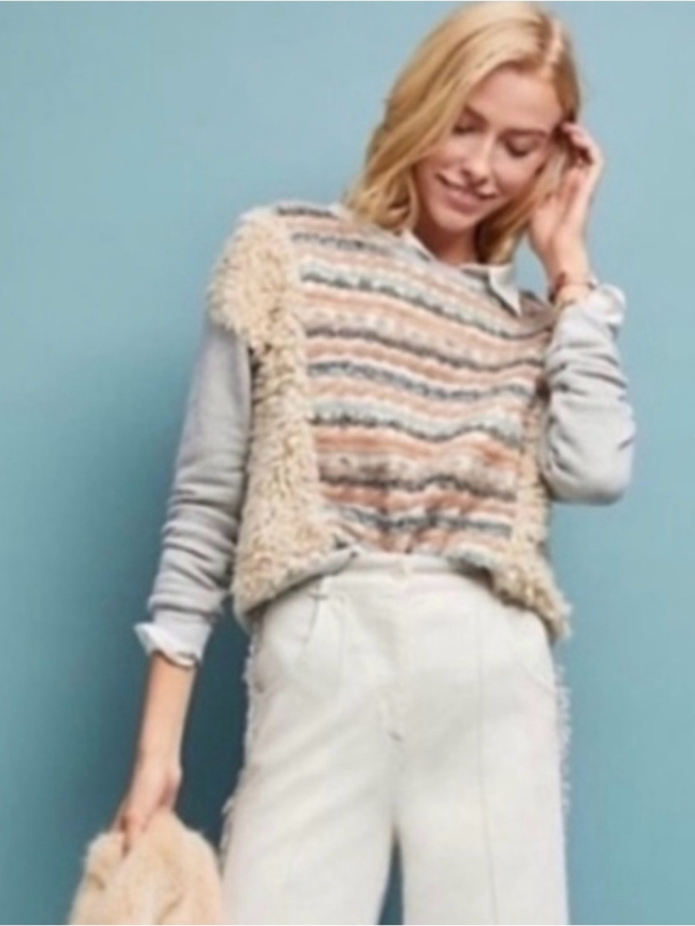 Anthropologie Amadi Chaparral Faux Sherpa Striped Sweatershirt medium